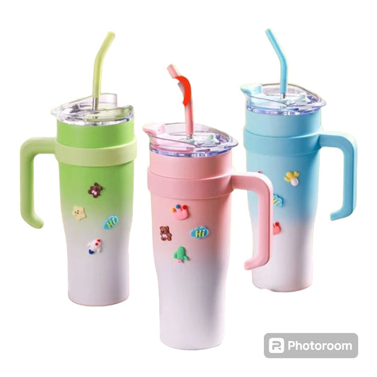 Stainless Steel Tumbler with Handle and Straw with Gold Spoon-Various Colours