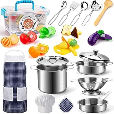 Kids Play Kitchen Set, Stainless Steel Cookware & Pretend Cooking Utensils with Healthy Vegetables, Apron & Chef Hat, Educational Toy for Boys & Girls 23pc Set