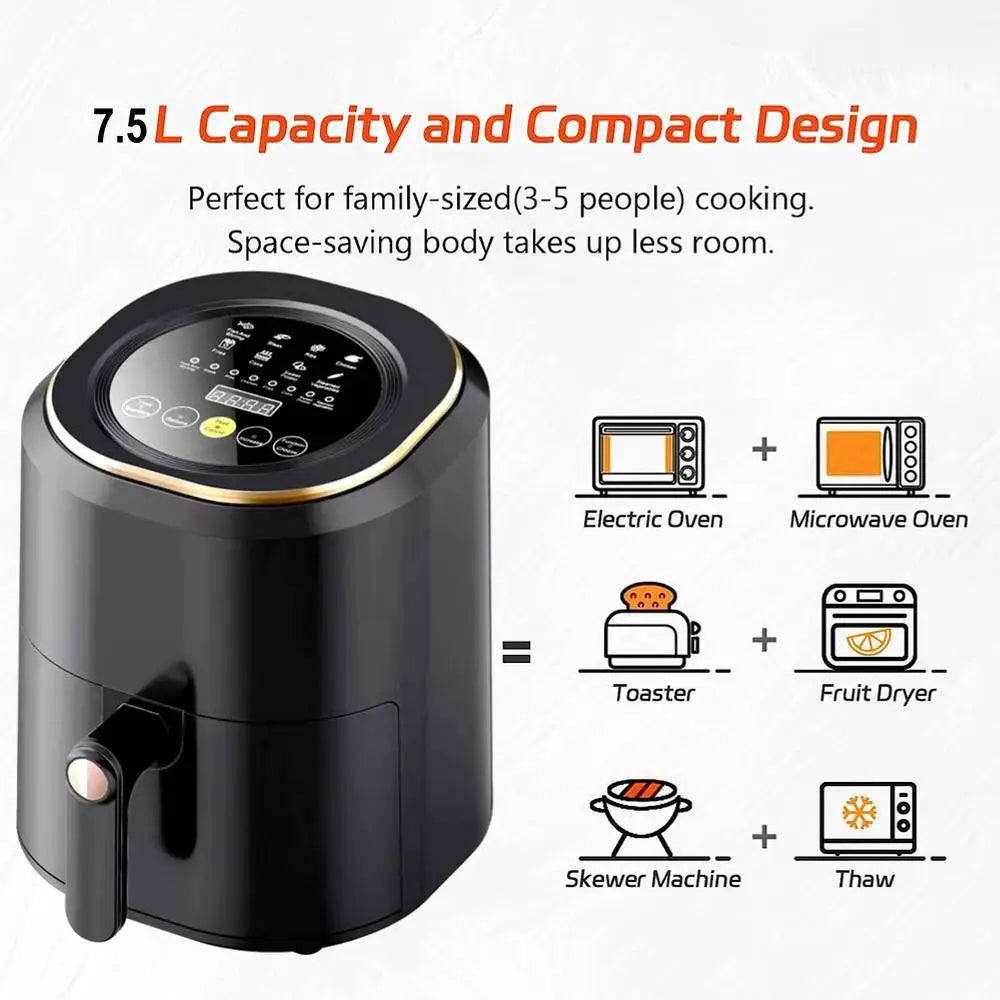Air Fryer Digital Touch Screen Cooker Low Oil Timer Oven Frying Fryer Silvercrest 7.5L inc 2pc Tongs(Free)Black