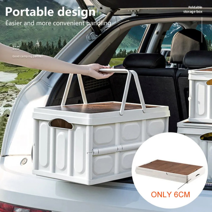 Folding Storage Camping Box with Wooden Lids, Heavy Duty Folding Storage Box Large Foldable Plastic Storage Bins Organizer Container for Outdoor Camping Picnic Indoor Home Room Closet,55L