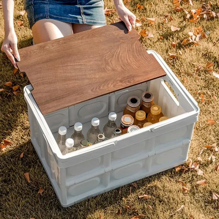Folding Storage Camping Box with Wooden Lids, Heavy Duty Folding Storage Box Large Foldable Plastic Storage Bins Organizer Container for Outdoor Camping Picnic Indoor Home Room Closet,55L
