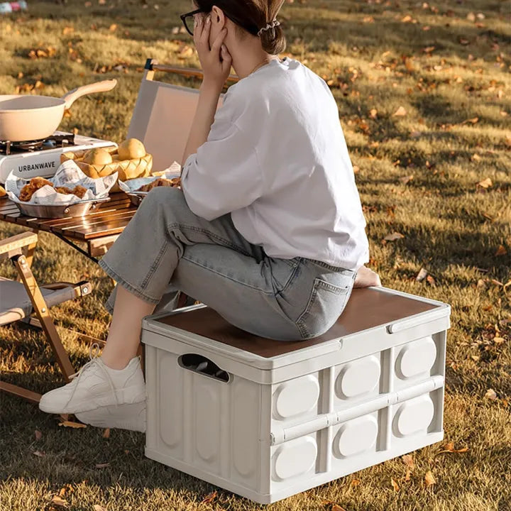 Folding Storage Camping Box with Wooden Lids, Heavy Duty Folding Storage Box Large Foldable Plastic Storage Bins Organizer Container for Outdoor Camping Picnic Indoor Home Room Closet,55L