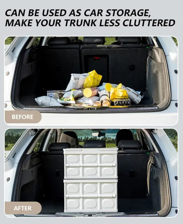 Folding Storage Camping Box with Wooden Lids, Heavy Duty Folding Storage Box Large Foldable Plastic Storage Bins Organizer Container for Outdoor Camping Picnic Indoor Home Room Closet,55L