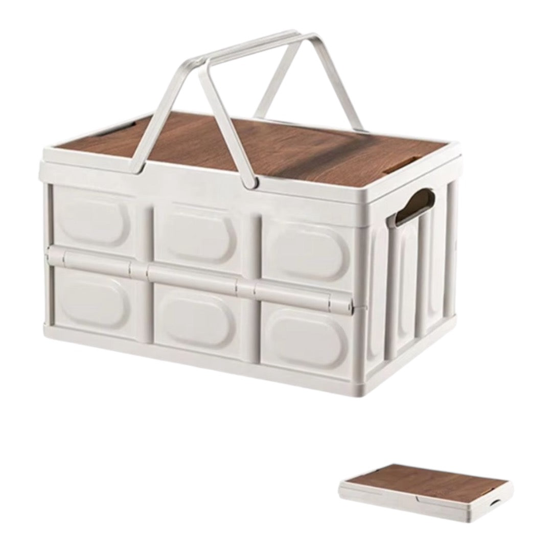 Folding Storage Camping Box with Wooden Lids, Heavy Duty Folding Storage Box Large Foldable Plastic Storage Bins Organizer Container for Outdoor Camping Picnic Indoor Home Room Closet,55L