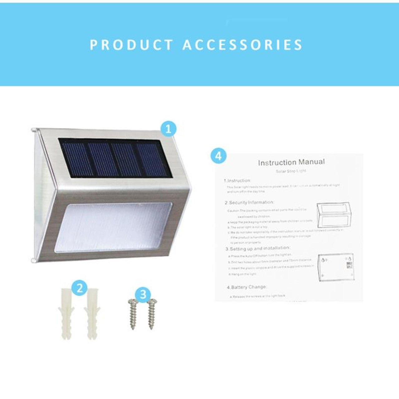 Solar Stainless Steel 3 LED Stair Wall Lamp Outdoor Garden Fence Light(Warm Light) 2pc Set