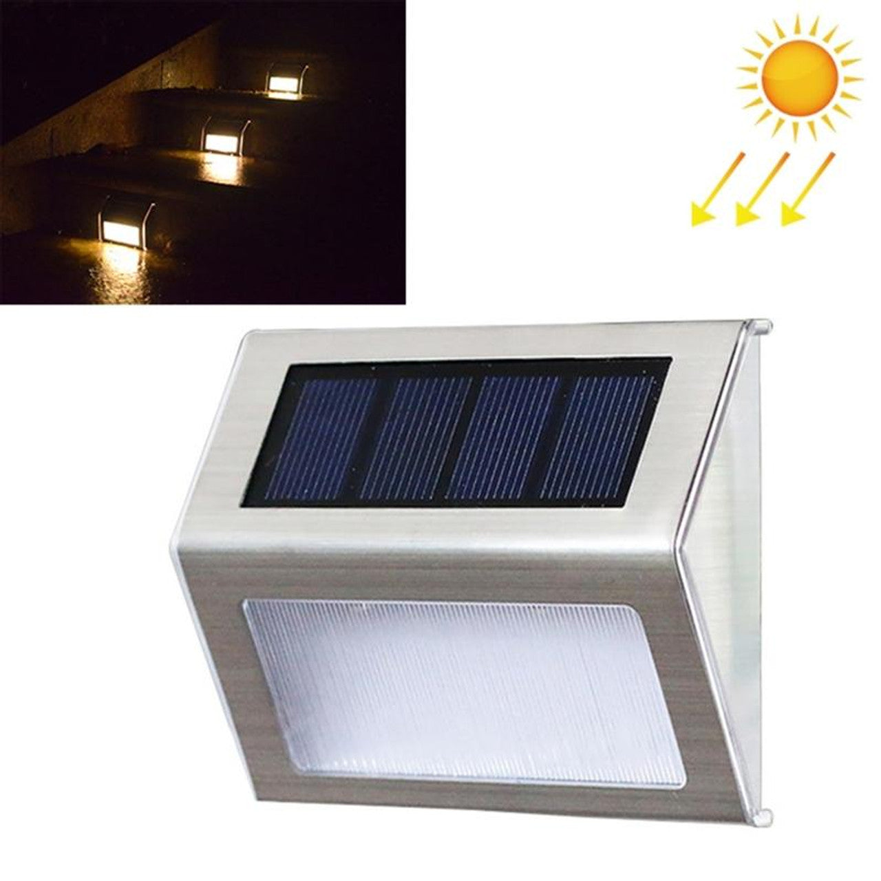Solar Stainless Steel 3 LED Stair Wall Lamp Outdoor Garden Fence Light(Warm Light) 2pc Set