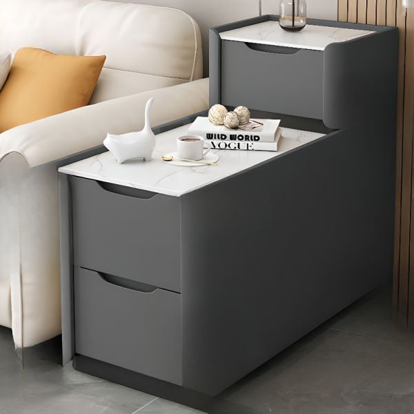 MFURN Modern Simple Style Rectangular White Sintered Stone Side Table with Block Base and 4 Drawers