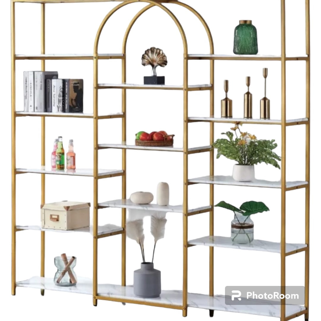 Modern Display Bookcase, Office Bookcase Bookshelf, Display Shelf with Round Top, Gold Frame,Living Room,Bed Room, Golden+White