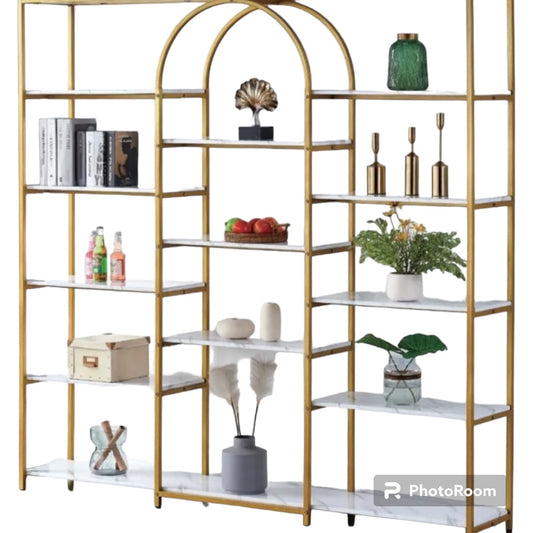 Modern Display Bookcase, Office Bookcase Bookshelf, Display Shelf with Round Top, Gold Frame,Living Room,Bed Room, Golden+White
