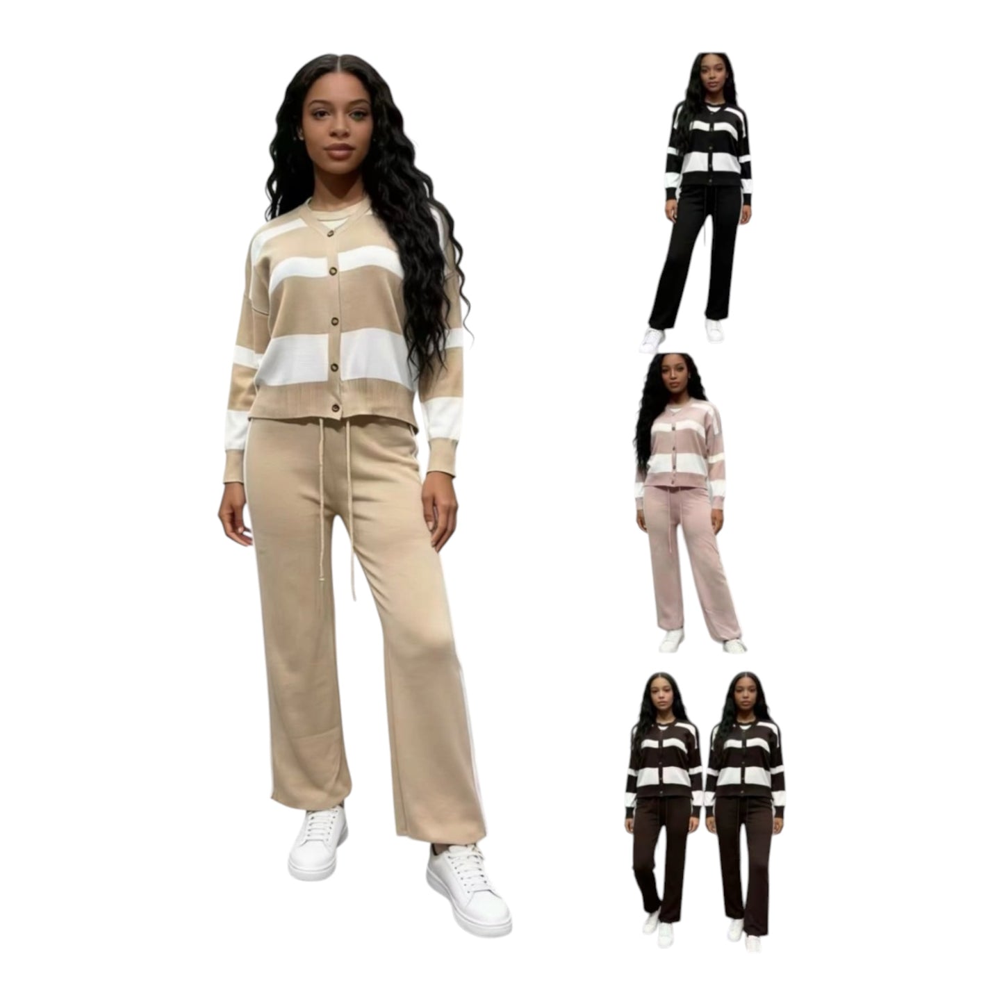 Women Striped Vest,Button Cardigan & Wide-Leg Pants,3pc Set-Various Colours
