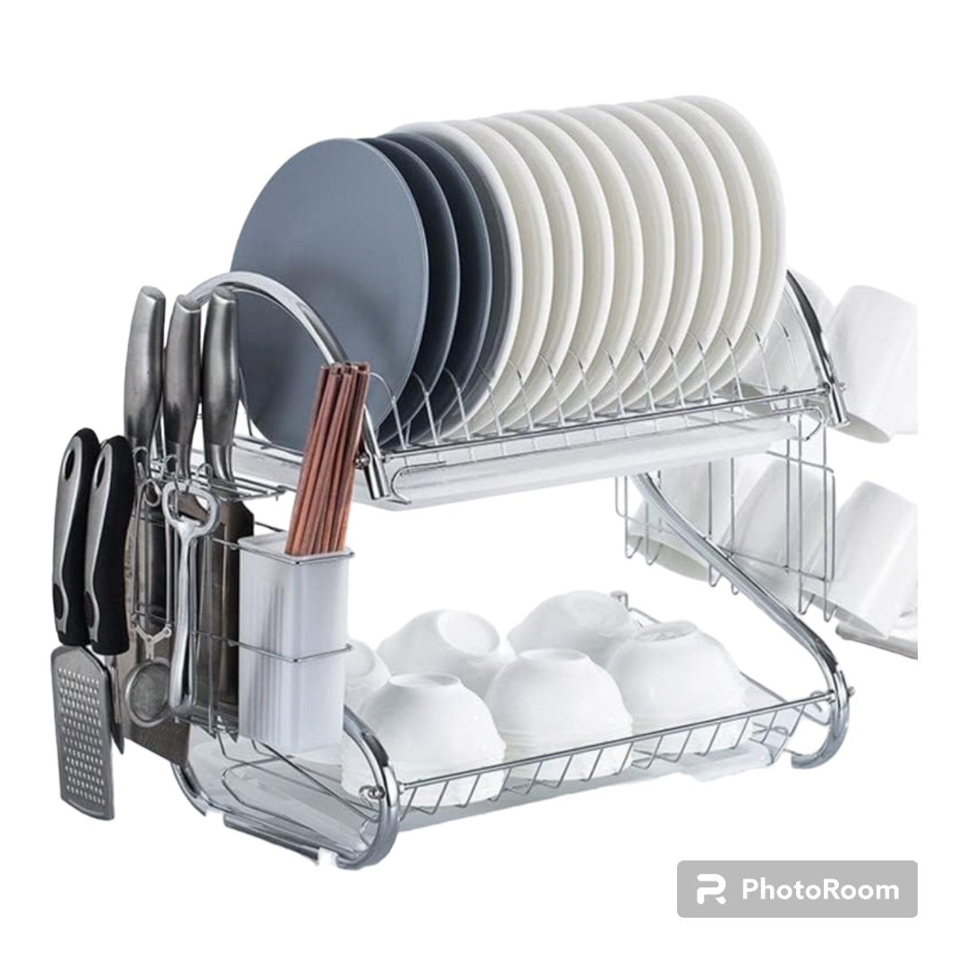 Large Dish Drying Rack Cup Drainer 2-Tier Strainer Holder Tray Stainless Steel Kitchen Accessories (Color : Silver