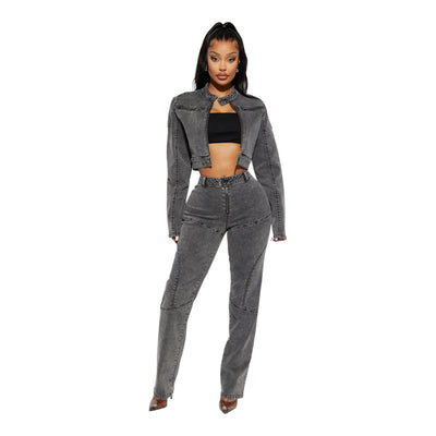 Ladies Washed Grey Denim 2pc Jacket/Jeans