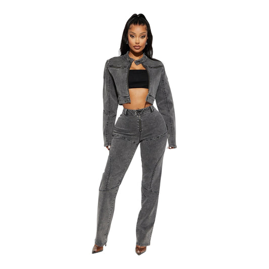 Ladies Washed Grey Denim 2pc Jacket/Jeans