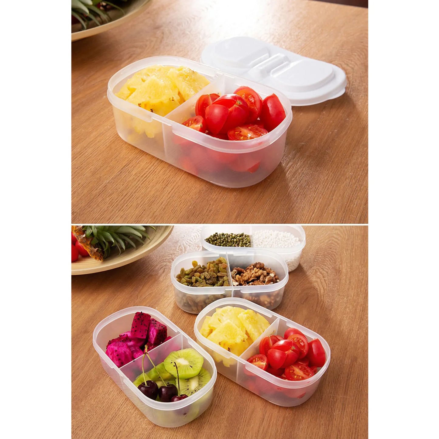 Double Compartment Sealed Plastic Storage Box w/ Lid for Kitchen Refrigerator