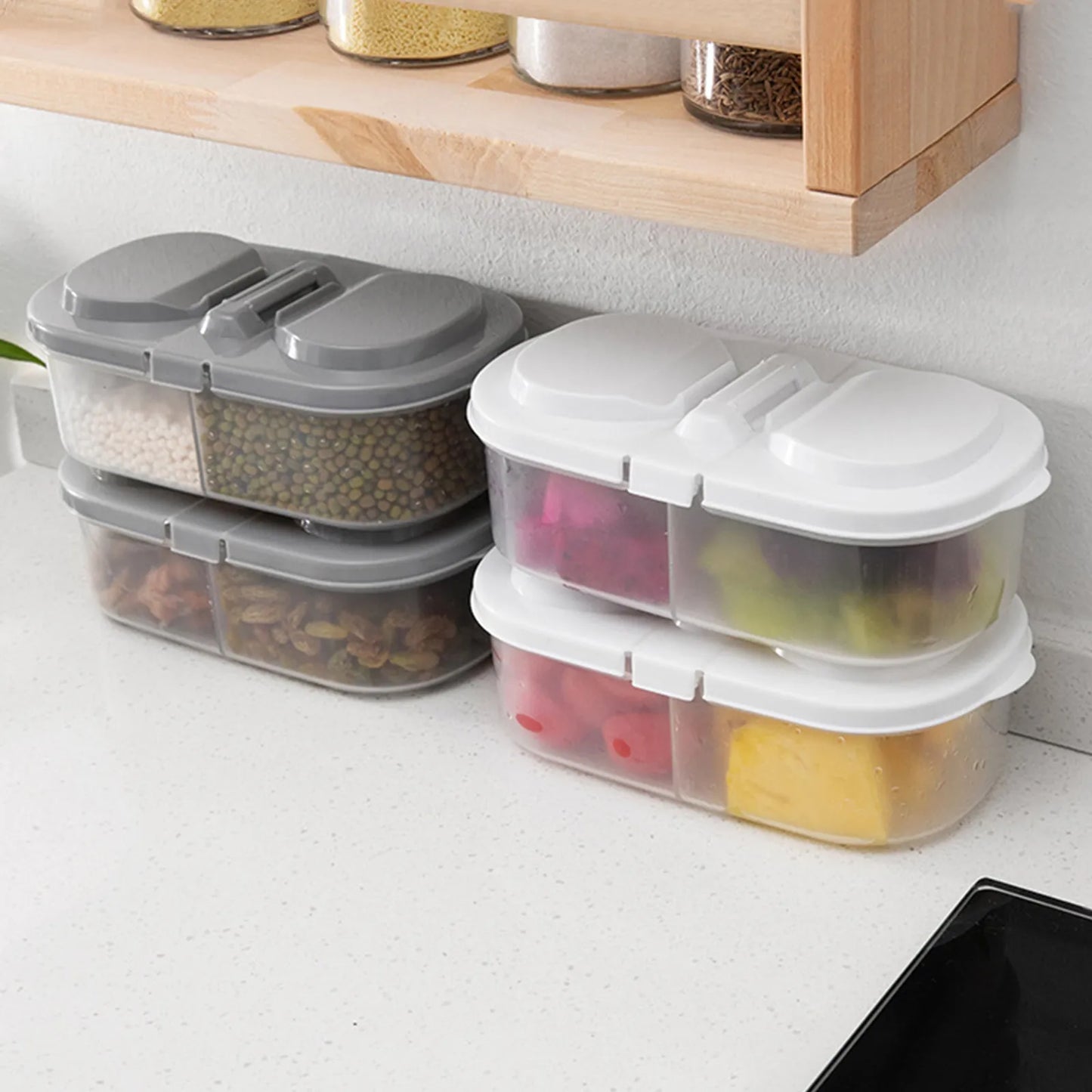 Double Compartment Sealed Plastic Storage Box w/ Lid for Kitchen Refrigerator