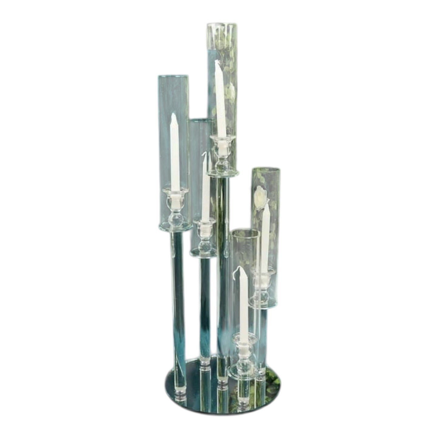 MHome  5-Arm Crystal Round Glass Taper Candle Candelabra, Pillar Candle Holder Wedding Centerpiece
