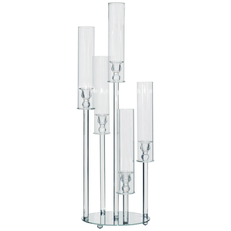 MHome  5-Arm Crystal Round Glass Taper Candle Candelabra, Pillar Candle Holder Wedding Centerpiece