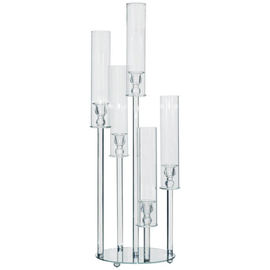 MHome  5-Arm Crystal Round Glass Taper Candle Candelabra, Pillar Candle Holder Wedding Centerpiece