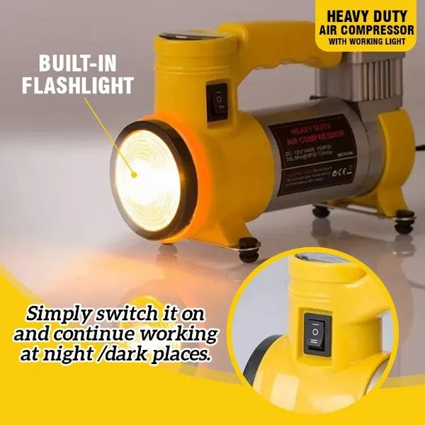 Heavy Duty Air Compressor With Flash Light, 12V 150PSI 35LPM, Electric Tire Inflator, Analog Air Pump, High-Pressure Tire Pump, Car Care Tool
