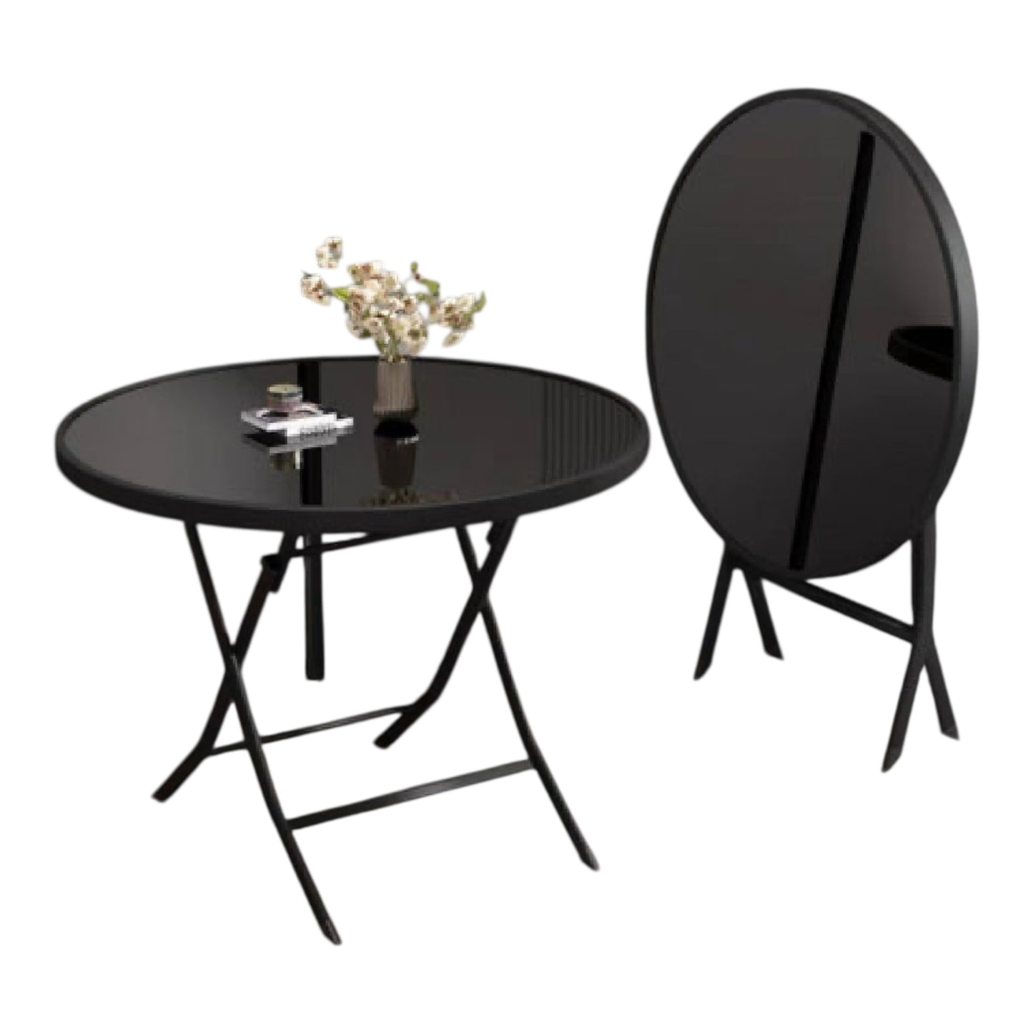 MFurn Round Glass Top Folding Table – Black Iron Frame (Various Sizes)