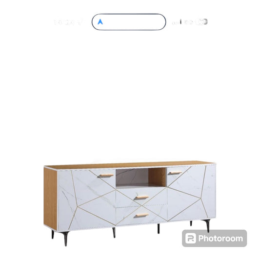 Modern Glamor TV Cabinet , High Gloss, White/Walnut Gold Trim With Drawers