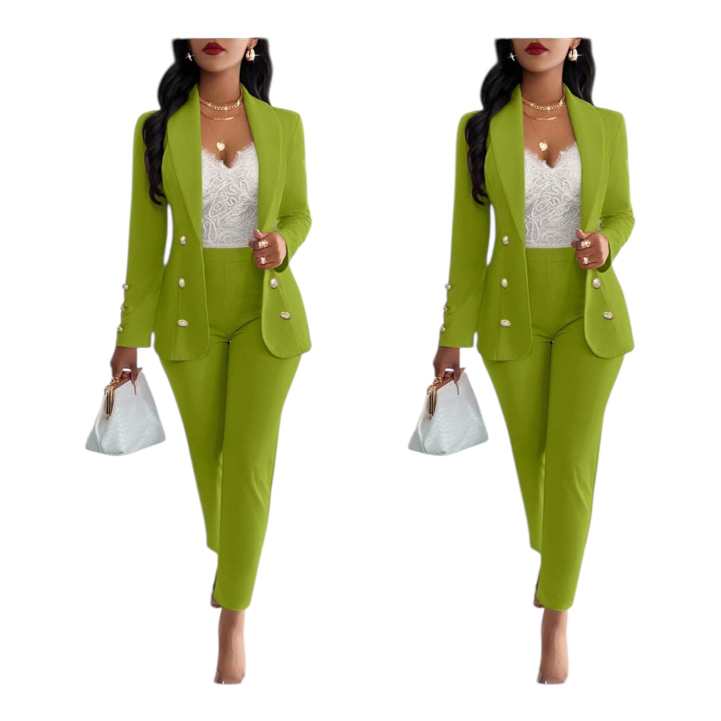 Ladies' Plain Simple Everyday Double-Breasted Long Sleeve Suit Jacket And Pants Suit Set