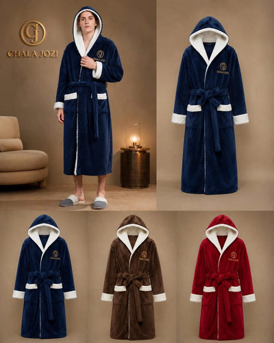 Hooded Mens Bathrobe, Soft Plush Long Fleece Robe, Full Length, Comfy Nightdress