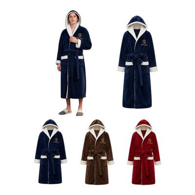 Hooded Mens Bathrobe, Soft Plush Long Fleece Robe, Full Length, Comfy Nightdress