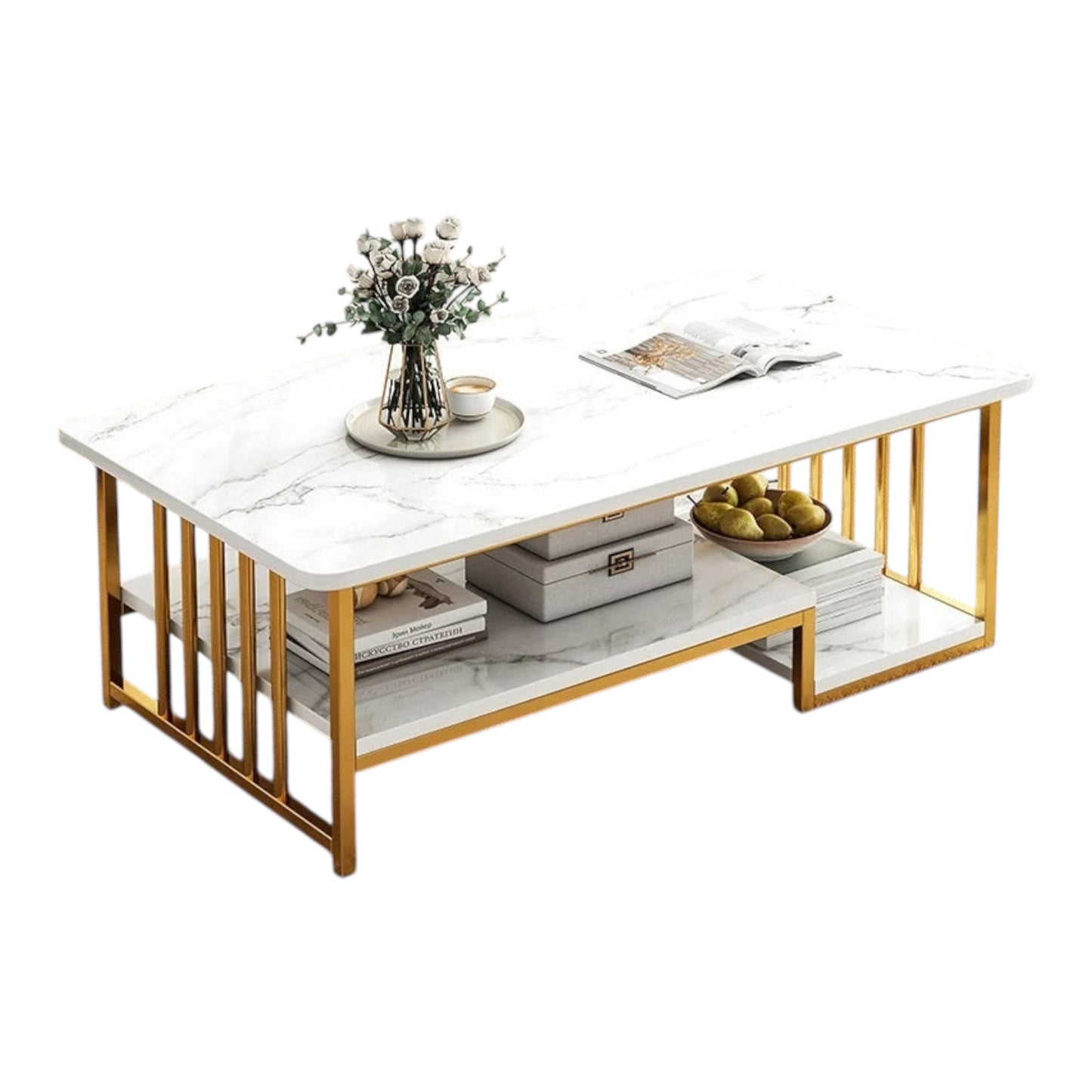 MFurn Modern Faux Marble Coffee Table – Dual-Layer Storage, Gold Frame