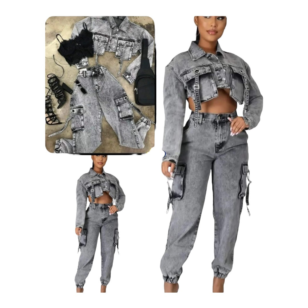 Ladies Denim Cargo Set 2pc