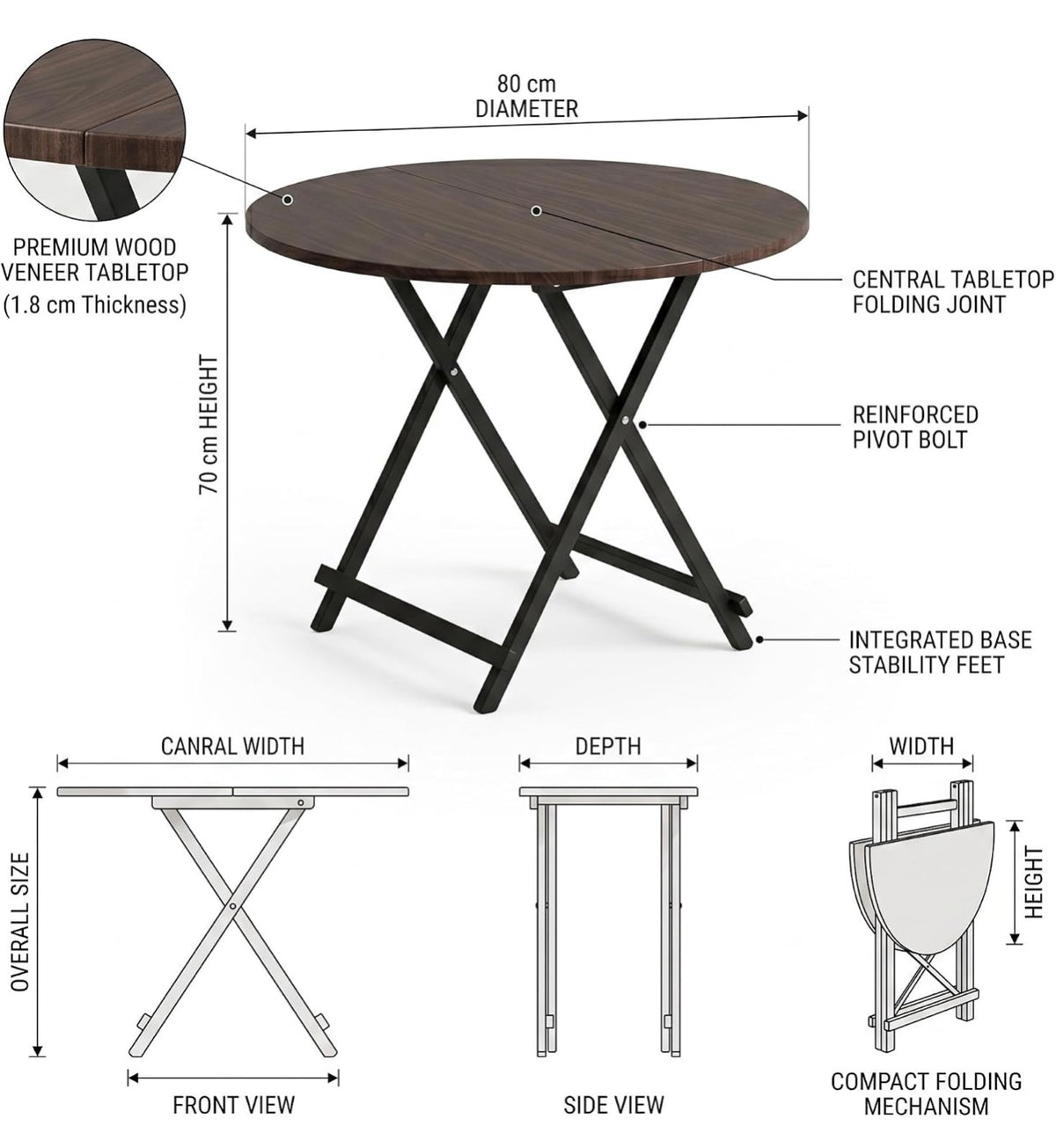 MFURN Wooden Foldable Table with Metal Folding Legs, Space Saving & Multipurpose Portable Wooden Table for Living Room, Balcony, Study, Tea, Coffee, Home Use, Compact Foldable Design -Various Colours