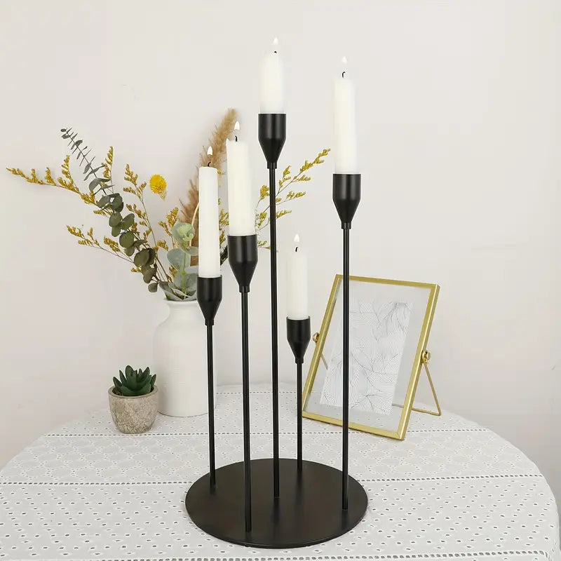MHome Halloween Decorations Black Candle Holders for Taper Candles,Mantle Fireplace Metal 5 Arms Candelabra Table Centerpieces Candlesticks Christmas Party Wedding Decor-Available In Black or Gold
