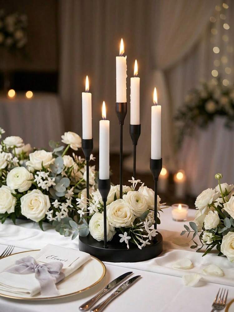MHome Halloween Decorations Black Candle Holders for Taper Candles,Mantle Fireplace Metal 5 Arms Candelabra Table Centerpieces Candlesticks Christmas Party Wedding Decor-Available In Black or Gold