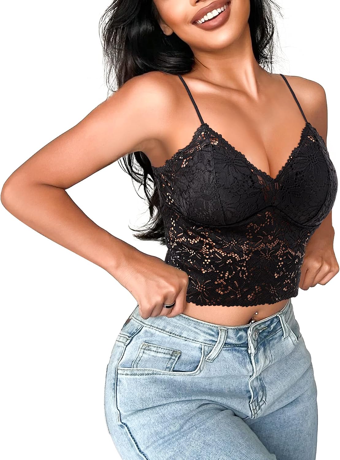 Ladies Lace Camisole Bralette For Women Halter Deep V Neck Cami Wireless Adjustable Tank Crop Top-Various Colours