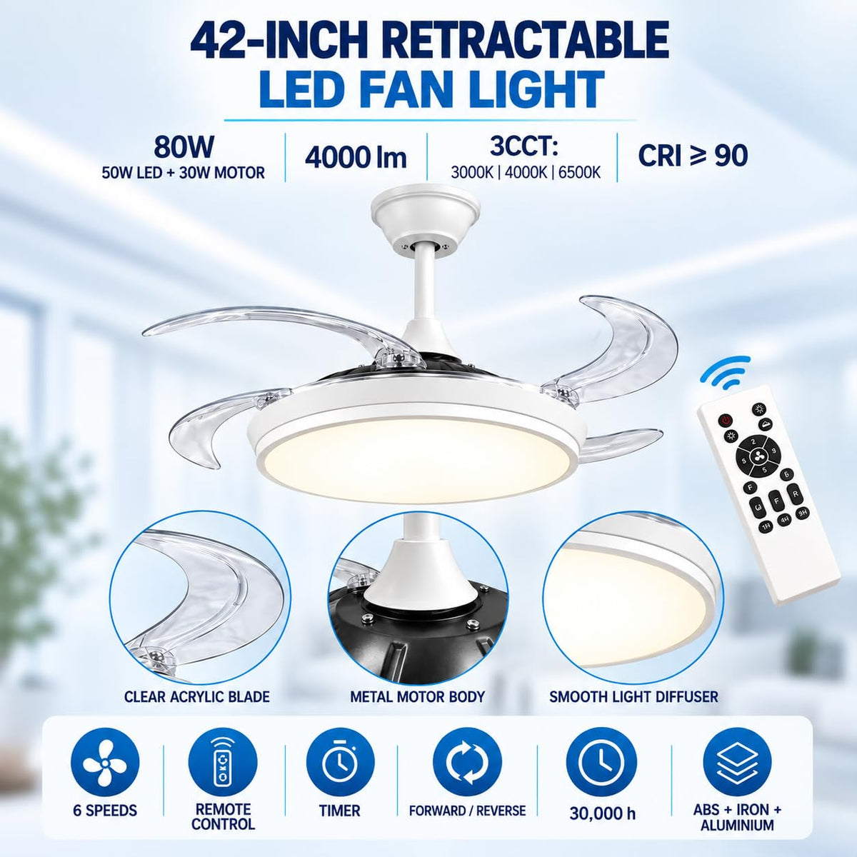 Wolulu LED Designer Ceiling Fan Retractable Blades 48inch