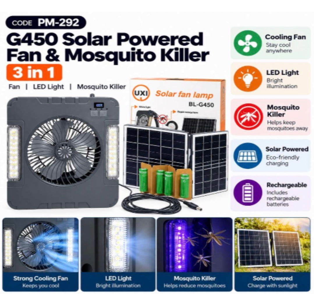 Mtech Solar Powered Fan with Mosquito Killer and LED Light, Portable for Indoor & Outdoor 3-1