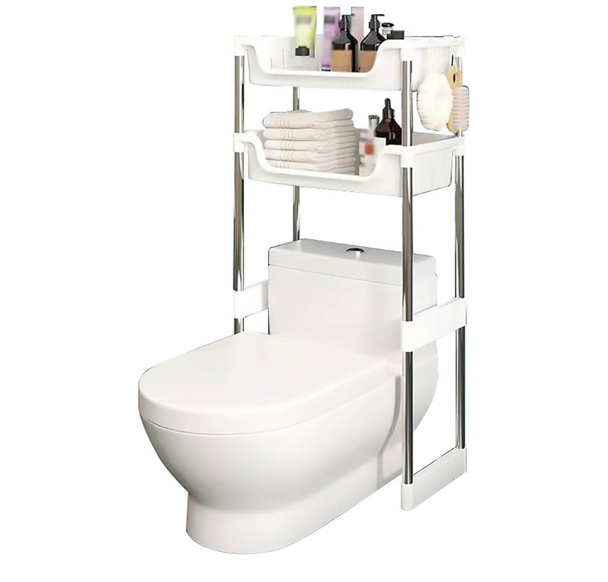 MHome Bathroom Shelf Over The Toilet Storage, 1/2/3-Tier Over Toilet Bathroom Organizer, Freestanding Toilet Shelf Multifunctional Space Saver Toilet Rack with Hooks,2 Tier