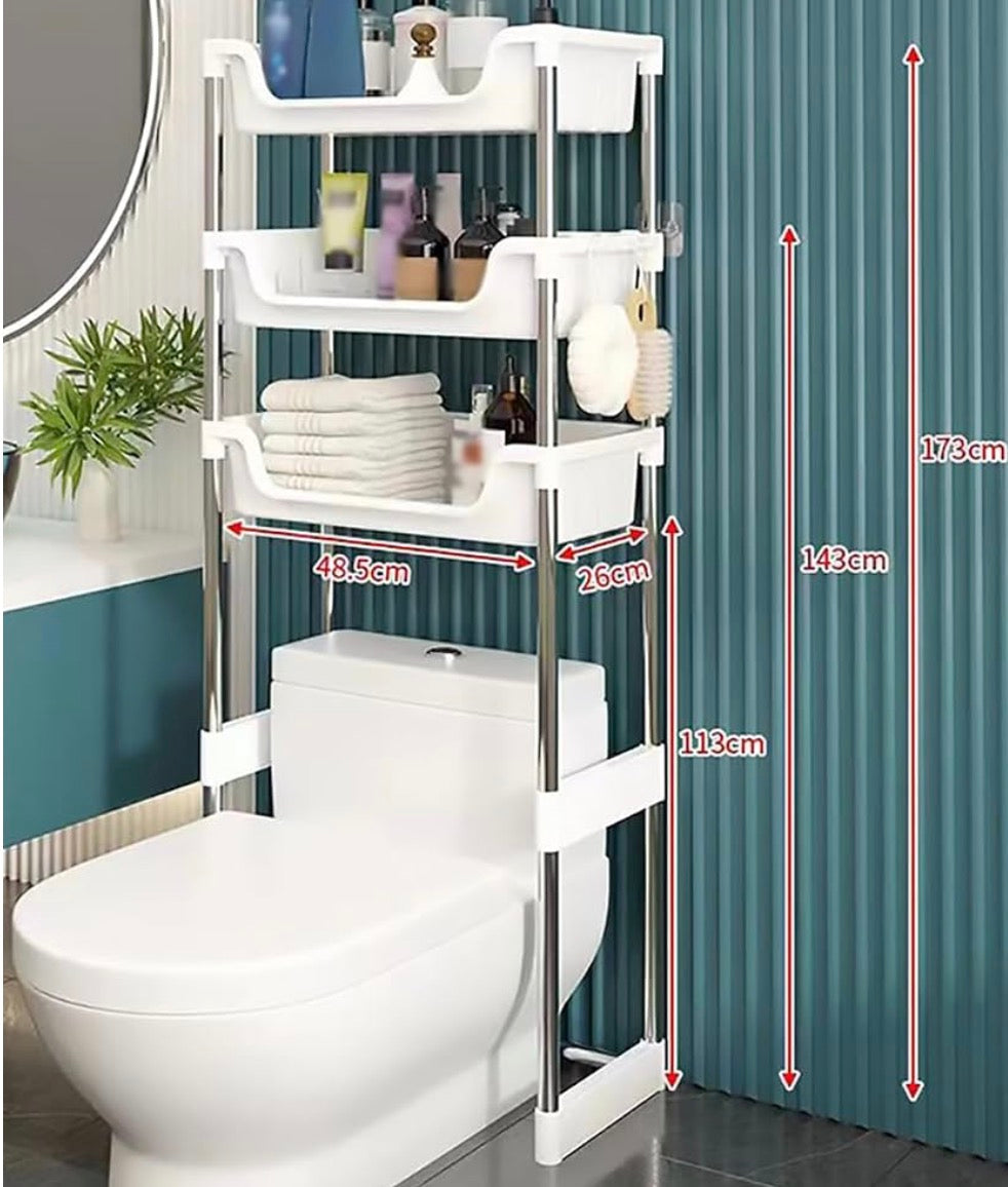 MHome Bathroom Shelf Over The Toilet Storage, 1/2/3-Tier Over Toilet Bathroom Organizer, Freestanding Toilet Shelf Multifunctional Space Saver Toilet Rack with Hooks,2 Tier