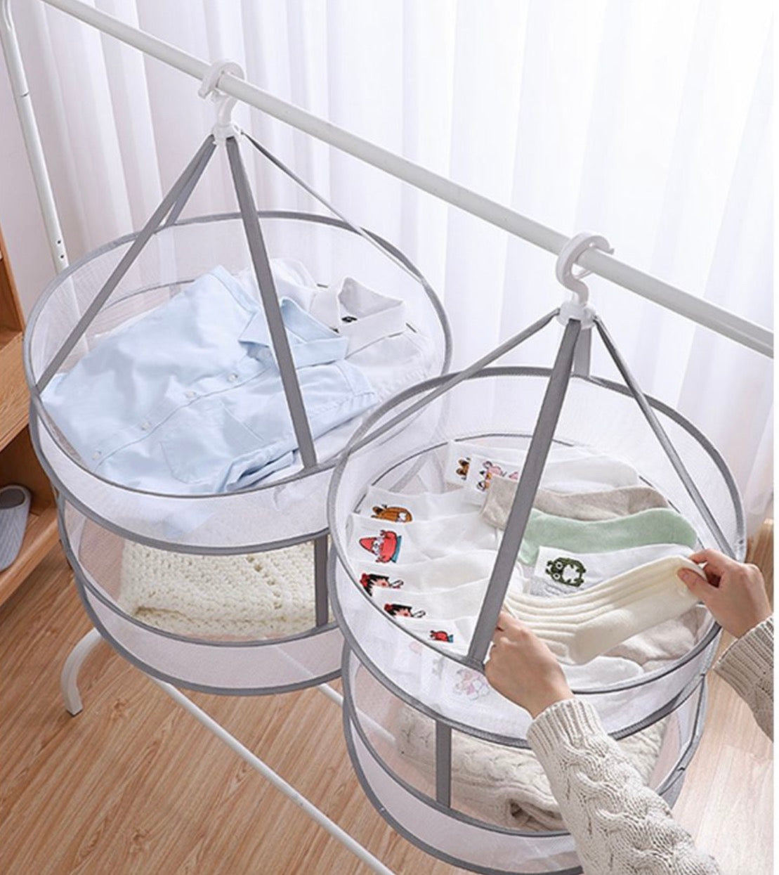 MHome Foldable Clothes Drying Mesh Net Rack for Bras TowelsLightweight Steel Wire Gauze Design, Space Saving Structure, for Outdoor Travel Use, Portable Laundry Solution 2 Tier