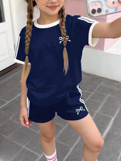 Girls Cute Bows Clothes 3-14 Years 2 Piece Summer Outfits Short Sleeve Tops and Shorts Lightweight Casual T Shirt Set -Various Optiosn