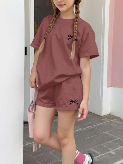 Girls Cute Bows Clothes 3-14 Years 2 Piece Summer Outfits Short Sleeve Tops and Shorts Lightweight Casual T Shirt Set -Various Optiosn