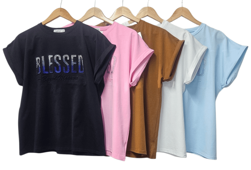 Ladies “Blessed” Embossed Turn-up Sleeve T-Shirt-Various Options