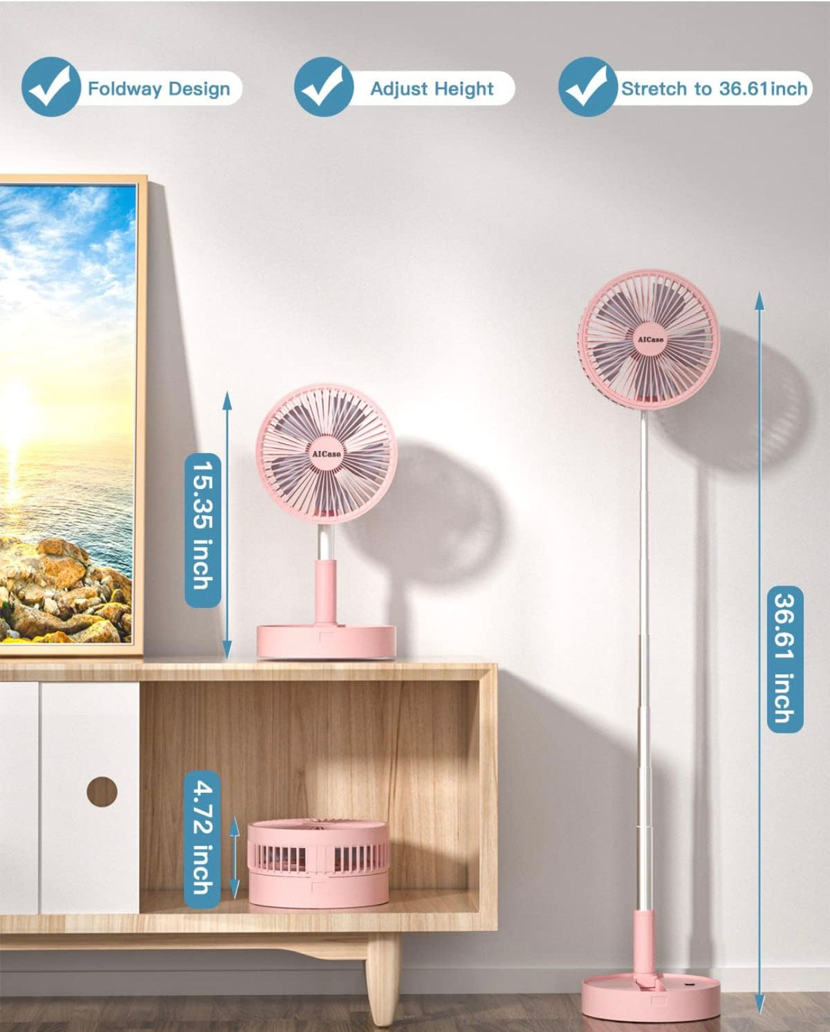 MHome Stand Fan,Folding Portable Telescopic Floor/USB Desk Fan with 7200mAh Rechargeable Battery,4 Speeds Super Quiet Adjustable Height and Head Great for Office Home Outdoor Camping-Various Colours