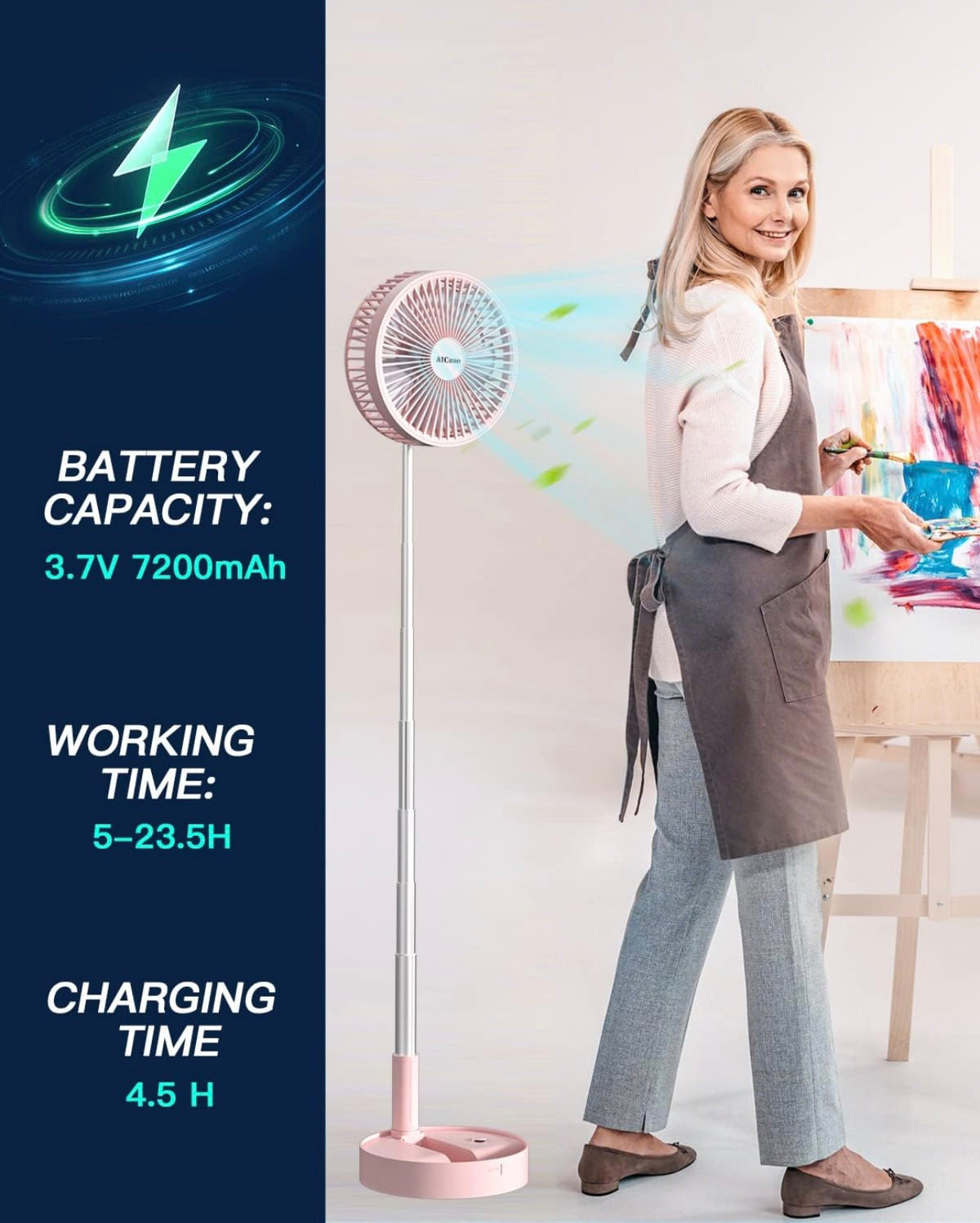 MHome Stand Fan,Folding Portable Telescopic Floor/USB Desk Fan with 7200mAh Rechargeable Battery,4 Speeds Super Quiet Adjustable Height and Head Great for Office Home Outdoor Camping-Various Colours