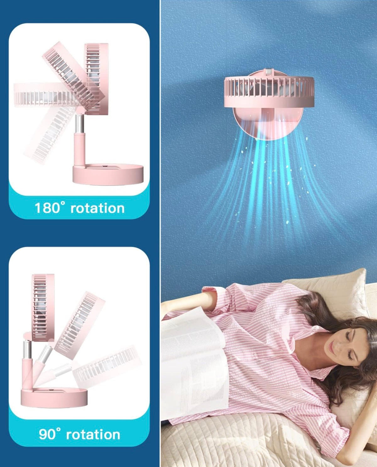 MHome Stand Fan,Folding Portable Telescopic Floor/USB Desk Fan with 7200mAh Rechargeable Battery,4 Speeds Super Quiet Adjustable Height and Head Great for Office Home Outdoor Camping-Various Colours