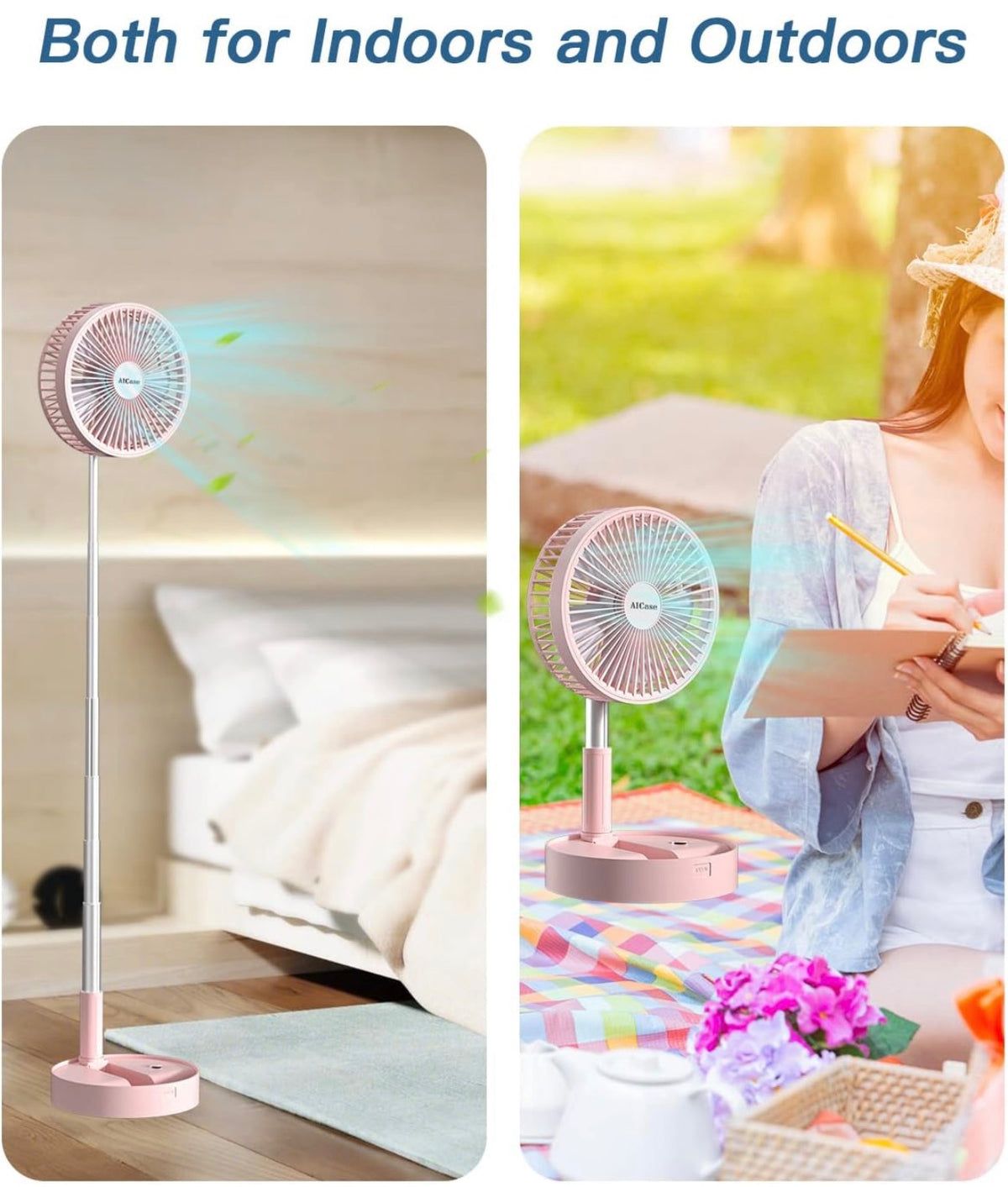 MHome Stand Fan,Folding Portable Telescopic Floor/USB Desk Fan with 7200mAh Rechargeable Battery,4 Speeds Super Quiet Adjustable Height and Head Great for Office Home Outdoor Camping-Various Colours