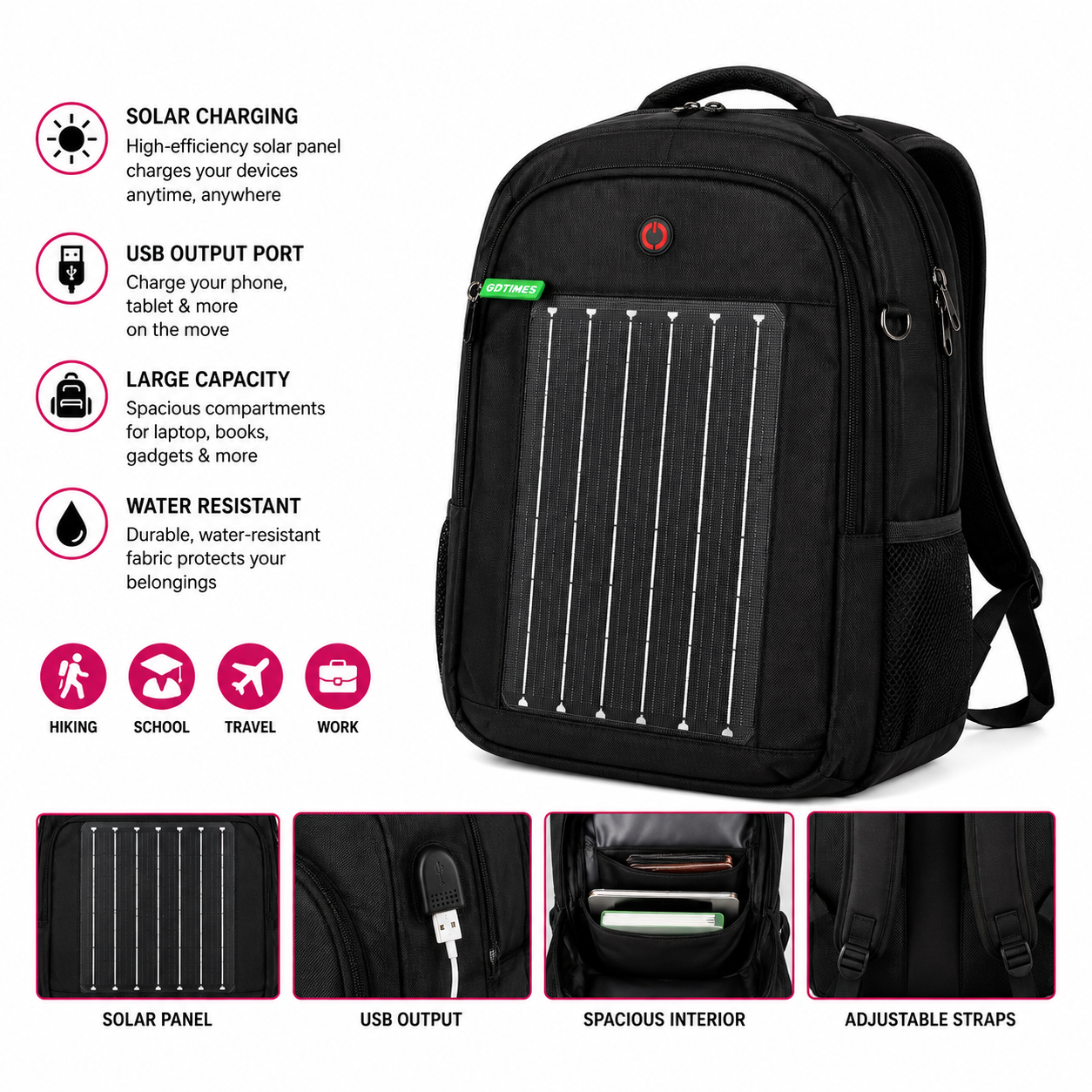 MTech Solar Backpack With USB Charging Port – Water-Resistant Laptop Backpack with Solar Panel