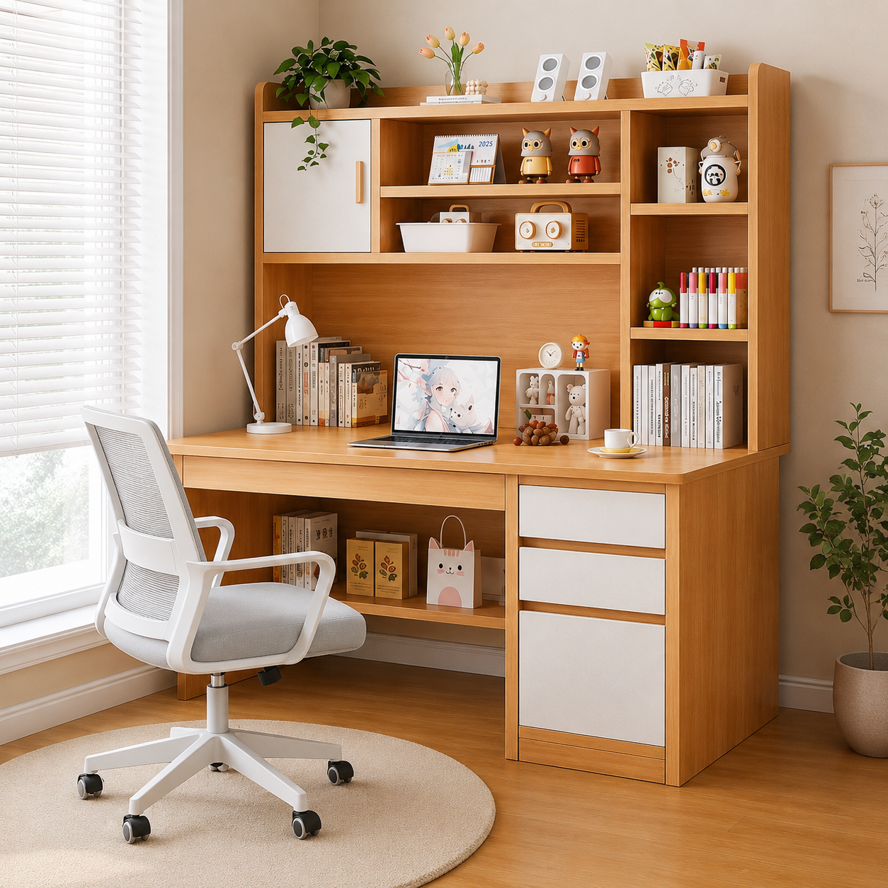 MHome Office Desk With Hutch & Storage Cabinet – 120cm