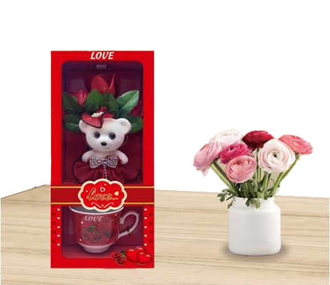 Red Gift Cup With Roses and Teddy Bear attached with Melody playing Speaker