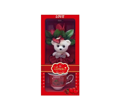 Red Gift Cup With Roses and Teddy Bear attached with Melody playing Speaker